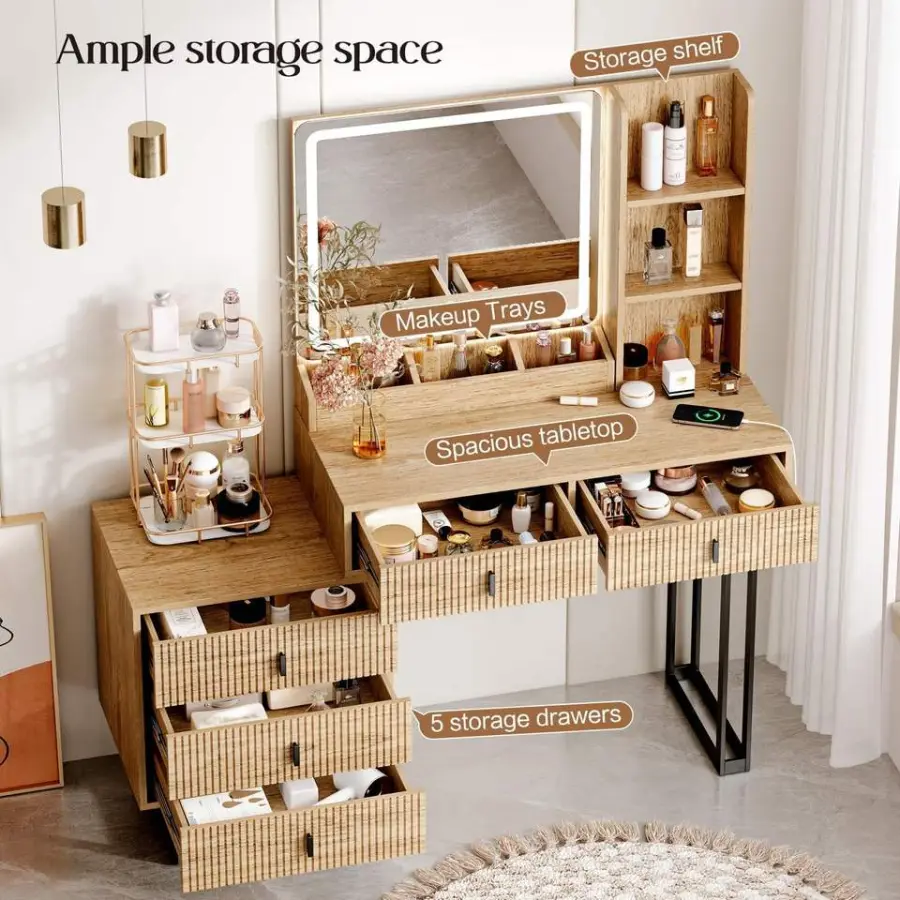 Large Modern Oak Wood Vanity Desk with Touch Screen Dimming Mirror Charging Station 5 Sliding Drawers & Storage Shelves — image 3