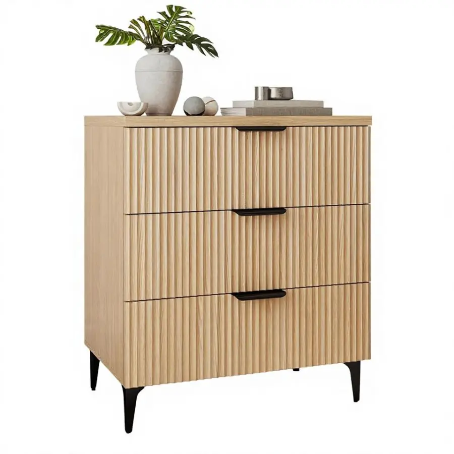 25.6" W Fluted 3-Drawer Modern Wood Nightstand with Robot-Friendly Legs for Bedroom Furniture & Living Room Entry — view 1