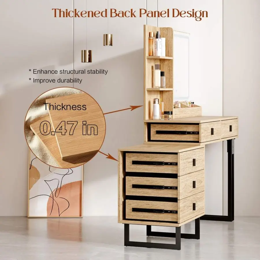 Large Modern Oak Wood Vanity Desk with Touch Screen Dimming Mirror Charging Station 5 Sliding Drawers & Storage Shelves — image 4