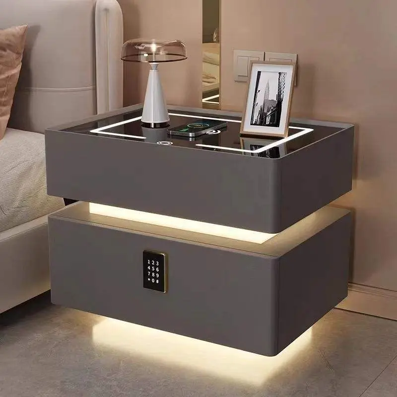 Manufacturer Nightstand Smart Bedside Table Wireless Charging 2 Drawers Fingerprint Lock Led Light Cabinet Bedroom Furnit — image 2