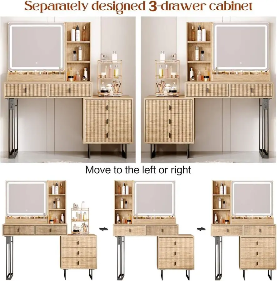 Large Modern Oak Wood Vanity Desk with Touch Screen Dimming Mirror Charging Station 5 Sliding Drawers & Storage Shelves — image 5
