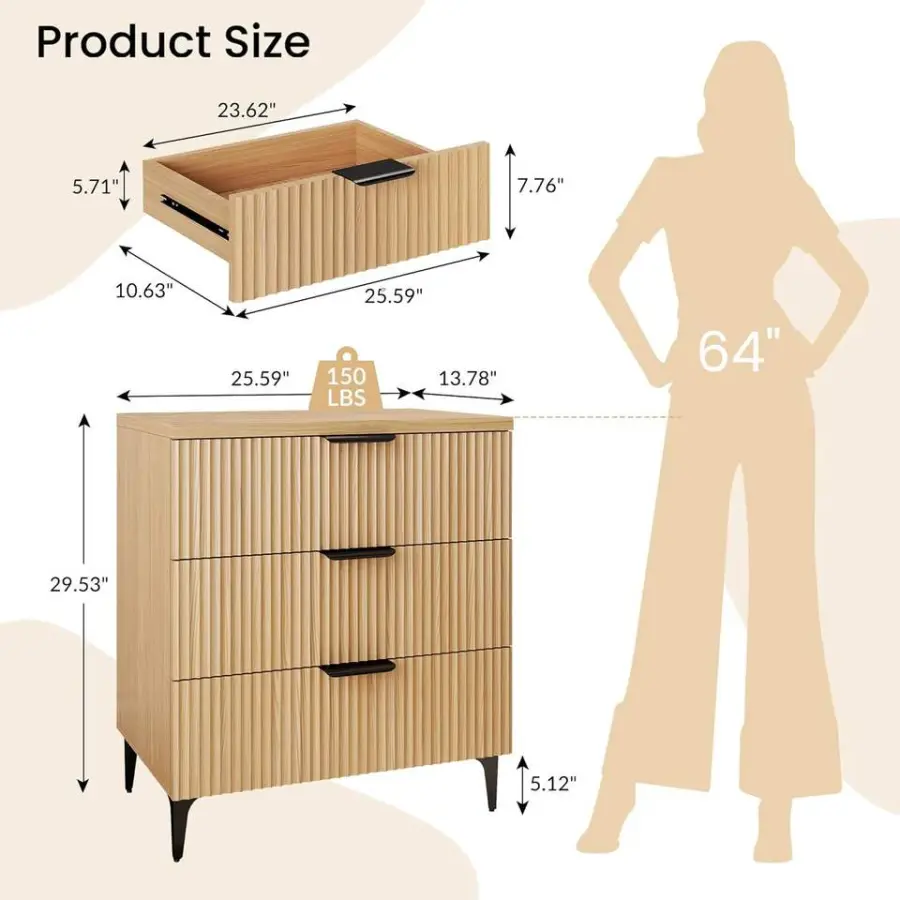 25.6" W Fluted 3-Drawer Modern Wood Nightstand with Robot-Friendly Legs for Bedroom Furniture & Living Room Entry — image 2