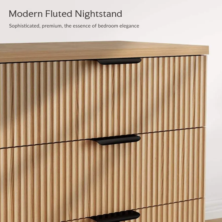 25.6" W Fluted 3-Drawer Modern Wood Nightstand with Robot-Friendly Legs for Bedroom Furniture & Living Room Entry — image 3