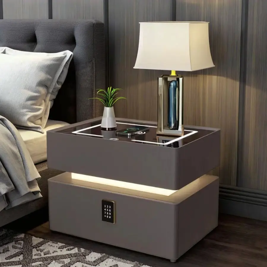Manufacturer Nightstand Smart Bedside Table Wireless Charging 2 Drawers Fingerprint Lock Led Light Cabinet Bedroom Furnit — image 5