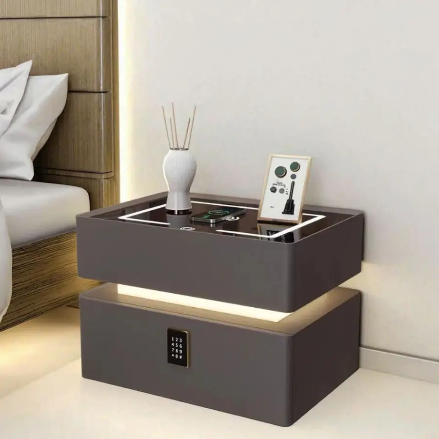 Manufacturer Nightstand Smart Bedside Table Wireless Charging 2 Drawers Fingerprint Lock Led Light Cabinet Bedroom Furnit — image 6