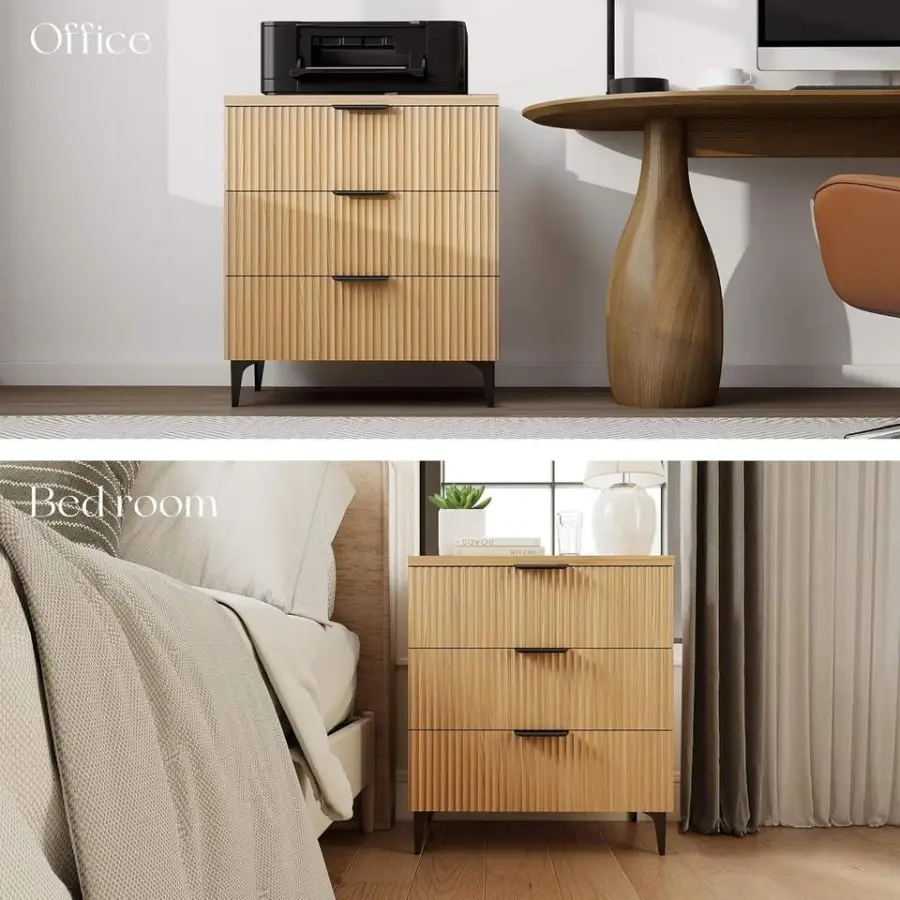 25.6" W Fluted 3-Drawer Modern Wood Nightstand with Robot-Friendly Legs for Bedroom Furniture & Living Room Entry — image 5