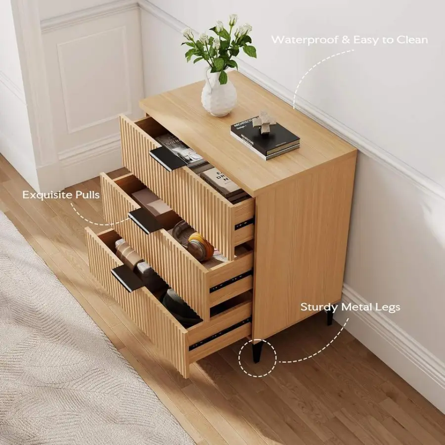 25.6" W Fluted 3-Drawer Modern Wood Nightstand with Robot-Friendly Legs for Bedroom Furniture & Living Room Entry — image 6