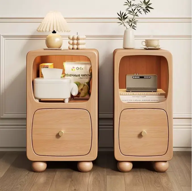 Modern Luxury MDF Wood Night Stand European Style Narrow Bedside Table with Smart Charging Storage Chest Cabinet for Apartments — image 2