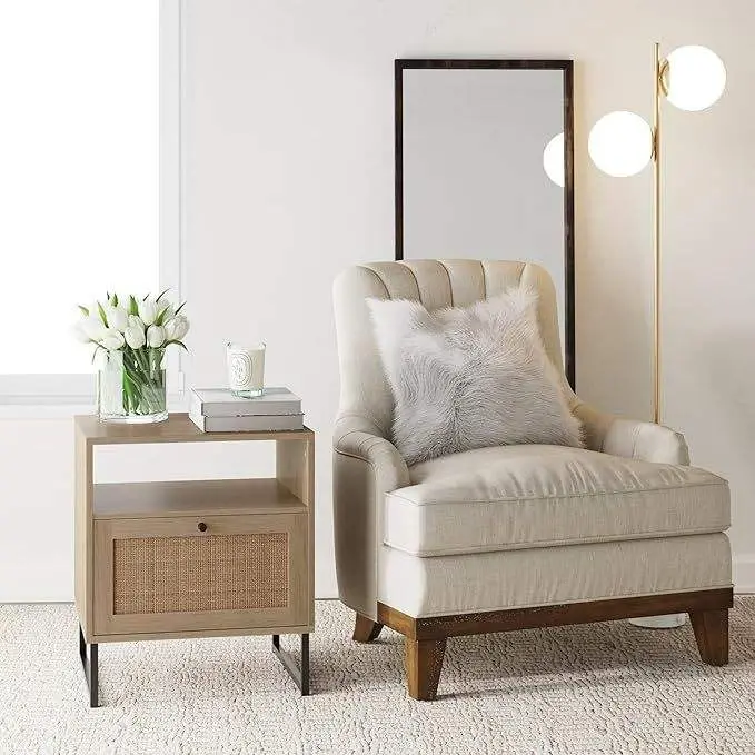 Smart Iron Base Nightstand with Drawer & Shelf Wooden Night Table for Bedroom or Living Room — image 2