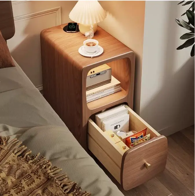 Modern Luxury MDF Wood Night Stand European Style Narrow Bedside Table with Smart Charging Storage Chest Cabinet for Apartments — image 3