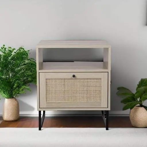 Smart Iron Base Nightstand with Drawer & Shelf Wooden Night Table for Bedroom or Living Room — image 3