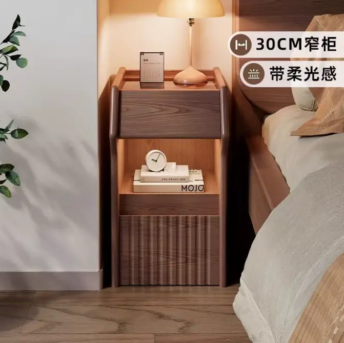 Factory Supplier LED Light Walnut Wooden Nightstand Bedside Table with 2 Ripple Fluted Drawers for Home Bedroom & Living — view 1