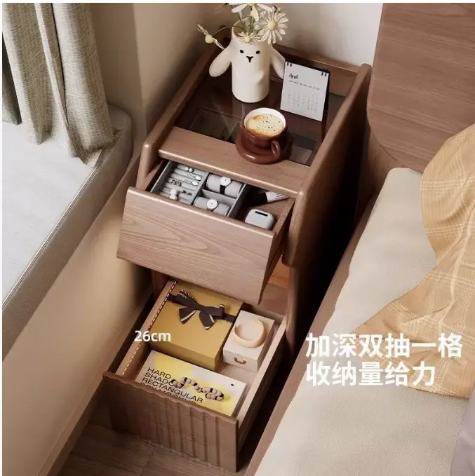 Factory Supplier LED Light Walnut Wooden Nightstand Bedside Table with 2 Ripple Fluted Drawers for Home Bedroom & Living Room — image 3