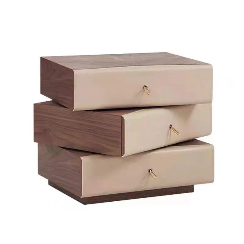 Solid Wood Panel Nightstand with White Leather Drawers Modern Swivel Bedside Table for Bedroom or Apartment for Bathroom — view 1