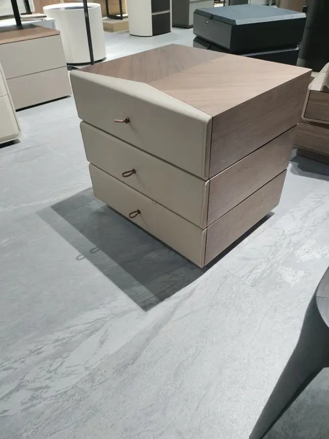 Solid Wood Panel Nightstand with White Leather Drawers Modern Swivel Bedside Table for Bedroom or Apartment for Bathroom — view 2