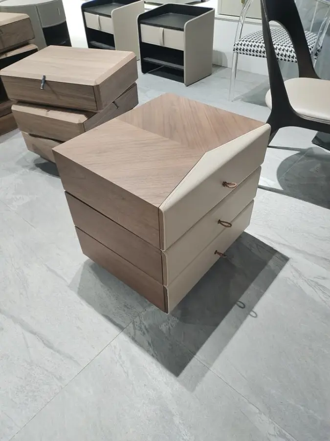 Solid Wood Panel Nightstand with White Leather Drawers Modern Swivel Bedside Table for Bedroom or Apartment for Bathroom — view 3