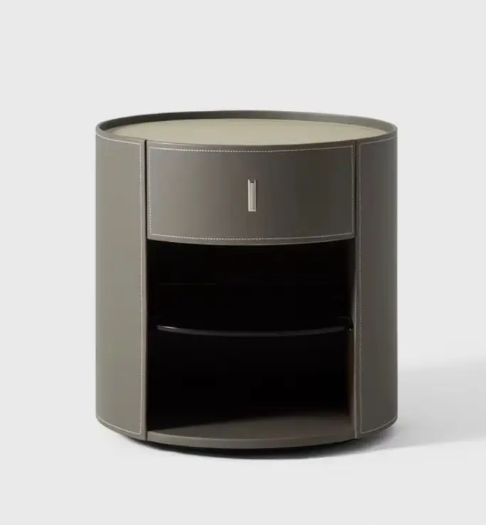 Modern Solid Wood Bedside Table with Saddle Leather Cabinet Nightstand for Bedroom or Living Room Furniture — view 1