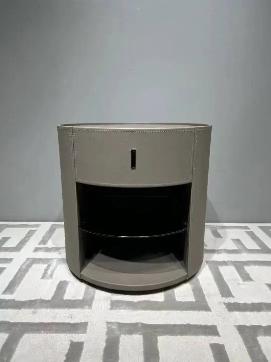 Modern Solid Wood Bedside Table with Saddle Leather Cabinet Nightstand for Bedroom or Living Room Furniture — image 2