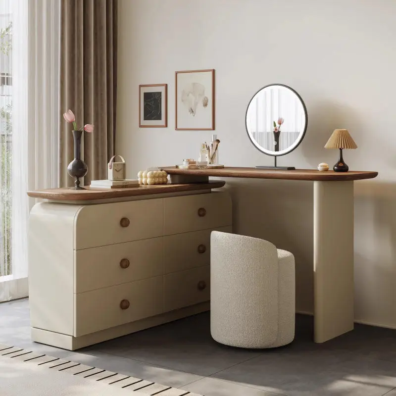 Modern Cream Solid Wood Dressing Table Storage Cabinet Simple Retro Bedroom Bedside Cabinet Integrated Storage Dressing Table — image 2
