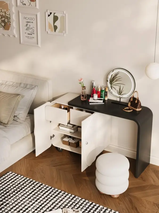 Modern Bedroom Storage Cabinet with Lighted Makeup Mirror Solid Wood Butterfly Door Dressing Table for Living Room — image 3