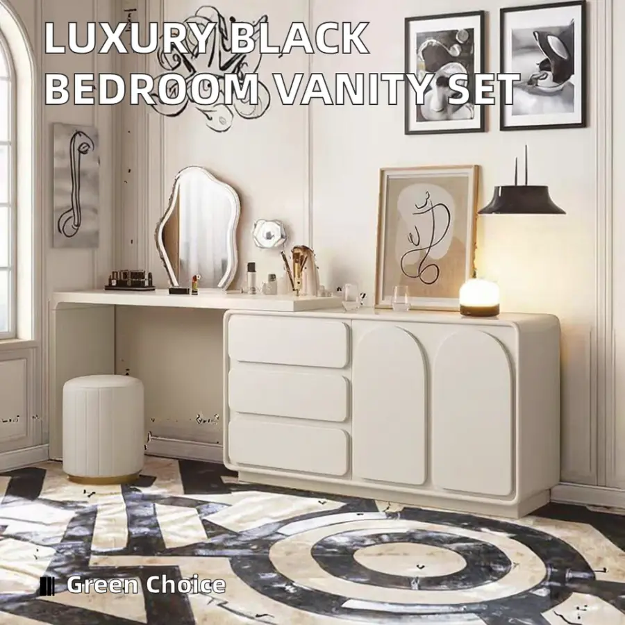 Modern Luxury Black Wooden Dressing Table Bed with Lighted Mirror Custom Home Furniture for Bedroom Wood Panel Style — view 3