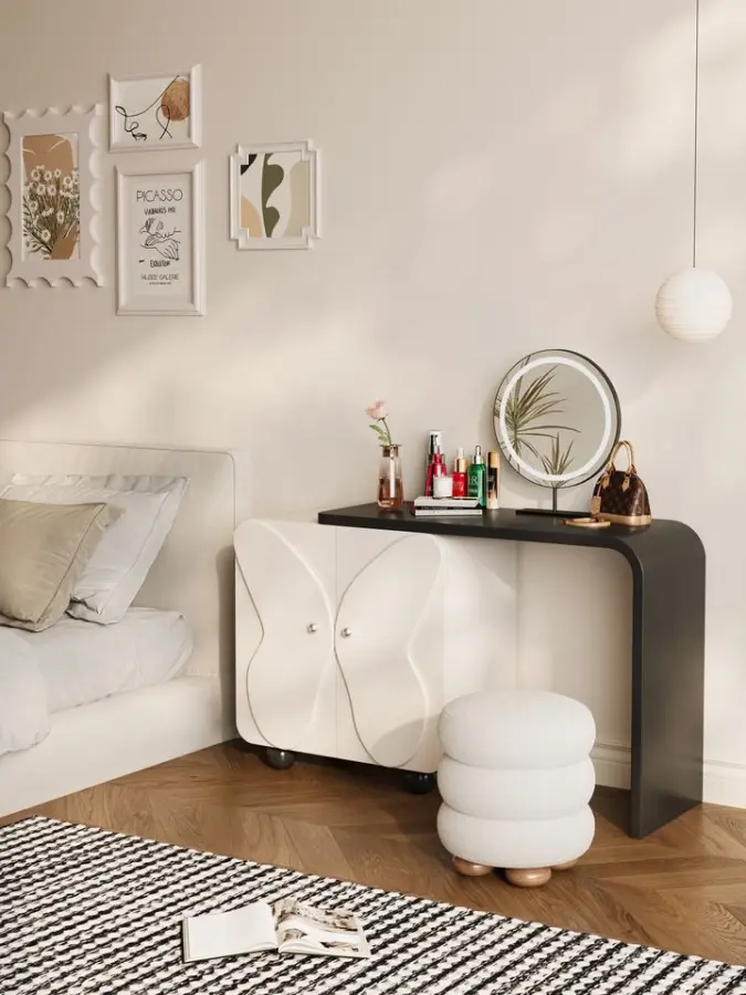 Modern Bedroom Storage Cabinet with Lighted Makeup Mirror Solid Wood Butterfly Door Dressing Table for Living Room — image 5