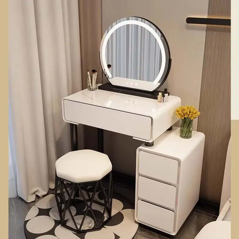 Modern Luxury 60cm Dressing Table LED Mirror Cream Wooden Makeup Cabinet for Small Apartment Master Bedroom for Hotels S — view 1