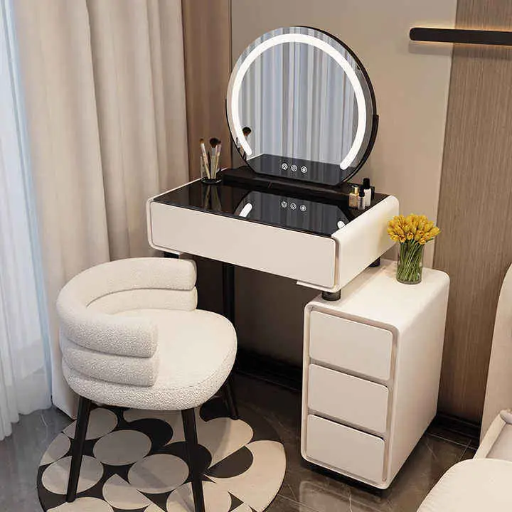Modern Luxury 60cm Dressing Table LED Mirror Cream Wooden Makeup Cabinet for Small Apartment Master Bedroom for Hotels Schools — image 2