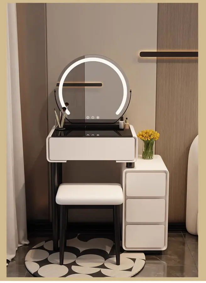 Modern Luxury 60cm Dressing Table LED Mirror Cream Wooden Makeup Cabinet for Small Apartment Master Bedroom for Hotels Schools — image 3