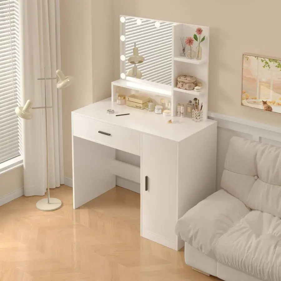 Modern LED Lighted Panel Wood Style Makeup Vanity Dresser for Bedroom or Living Room for — image 3
