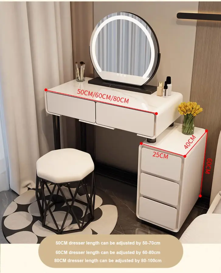 Modern Luxury 60cm Dressing Table LED Mirror Cream Wooden Makeup Cabinet for Small Apartment Master Bedroom for Hotels Schools — image 4