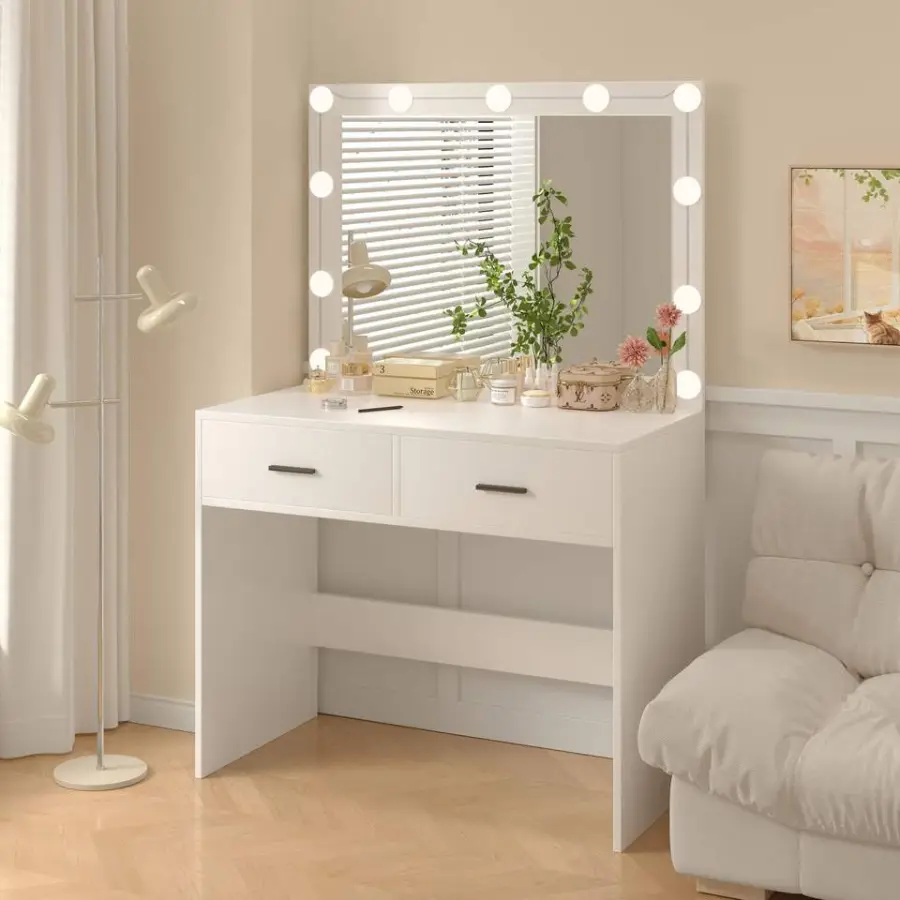 Modern LED Lighted Panel Wood Style Makeup Vanity Dresser for Bedroom or Living Room for — image 4