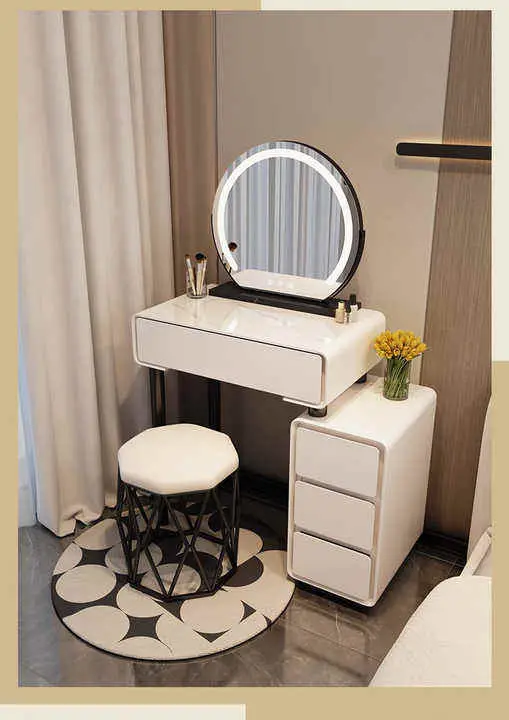 Modern Luxury 60cm Dressing Table LED Mirror Cream Wooden Makeup Cabinet for Small Apartment Master Bedroom for Hotels Schools — image 5