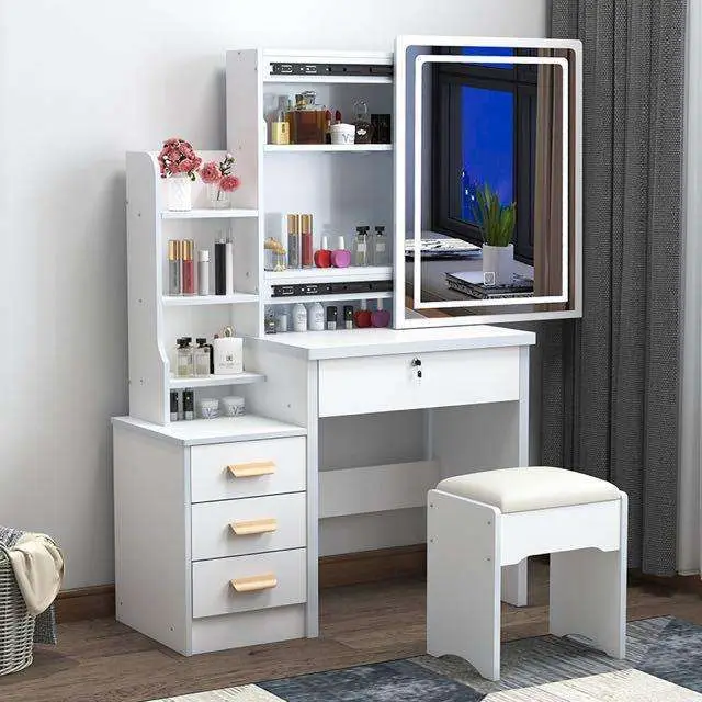 Modern Simple LED Light Integrated Dressing Table Storage Cabinet Metal Push-Pull Mirror for Bedroom Small Apartment Makeup Use — image 3