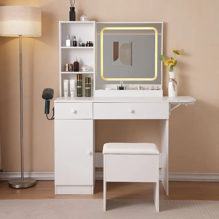 Modern LED Vanity Table with Lighted Makeup Mirror MDF Wood Panel Dressing Table with Storage for Bedroom Living Room fo — view 1