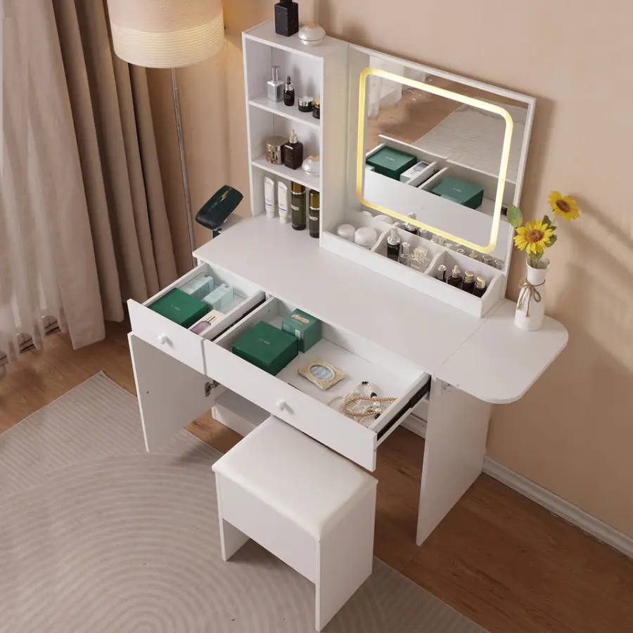 Modern LED Vanity Table with Lighted Makeup Mirror MDF Wood Panel Dressing Table with Storage for Bedroom Living Room for Hotels — image 2