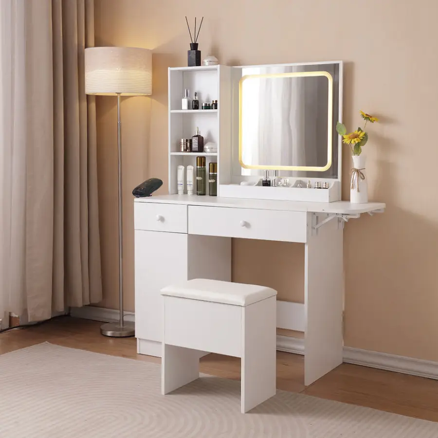 Modern LED Vanity Table with Lighted Makeup Mirror MDF Wood Panel Dressing Table with Storage for Bedroom Living Room for Hotels — image 3