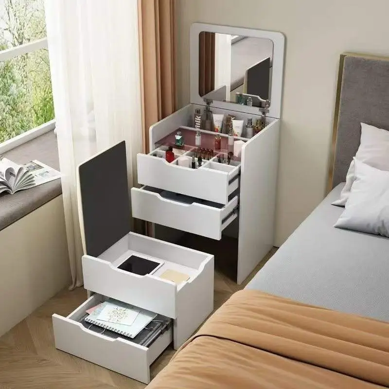 Small Flip Storage Cabinet with Lighted Mirror Dressing Table and Integrated Bucket Mini Bedside Table for Bedroom Apartment — image 2