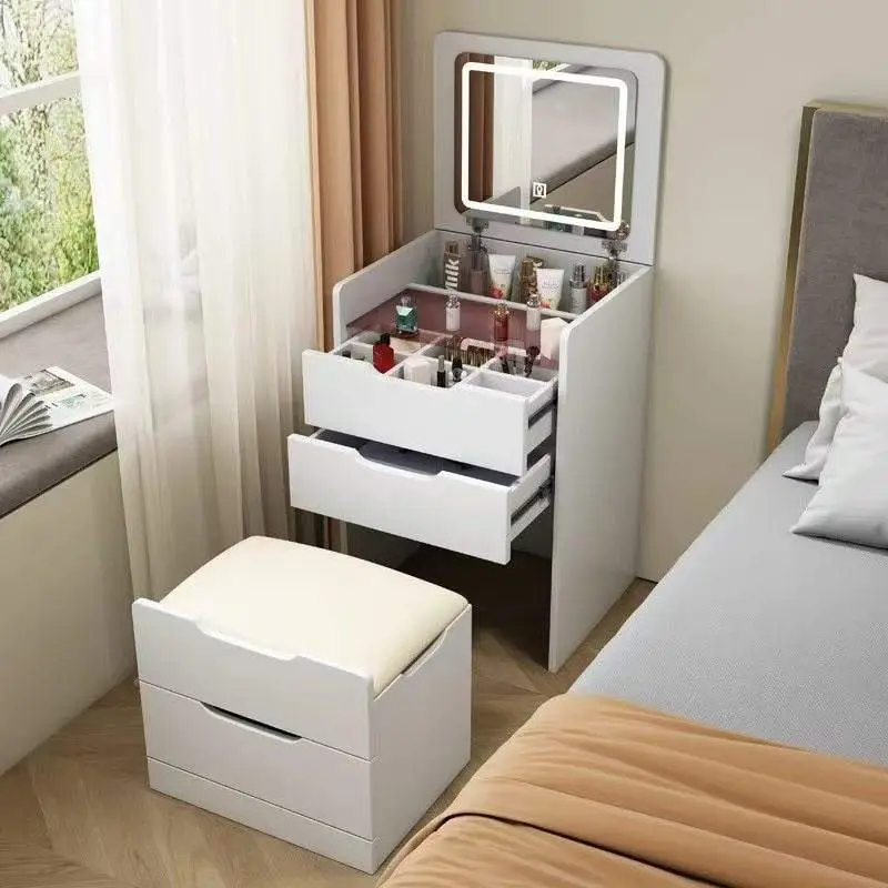 Small Flip Storage Cabinet with Lighted Mirror Dressing Table and Integrated Bucket Mini Bedside Table for Bedroom Apartment — image 3