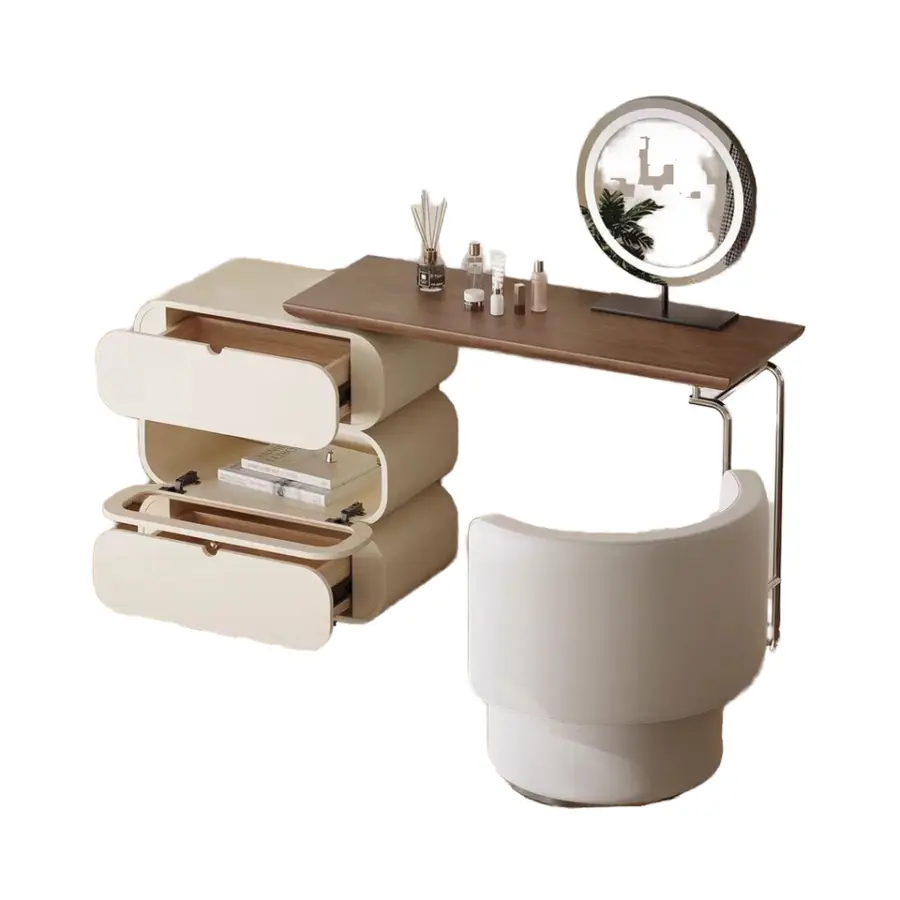 Elegant Wooden Vanity Table with Mirror and Drawers Modern Makeup Vanity Desk with Storage Compartments Chic Dressing Ta — view 1