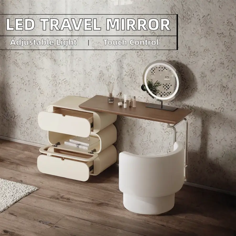 Elegant Wooden Vanity Table with Mirror and Drawers Modern Makeup Vanity Desk with Storage Compartments Chic Dressing Table — image 3