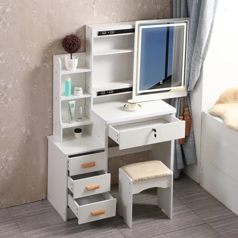 Modern Bedroom Dresser Furniture Set with Lighted Makeup Vanity Table Mirror Stool White Wood Panel Design for Apartment Use — image 2