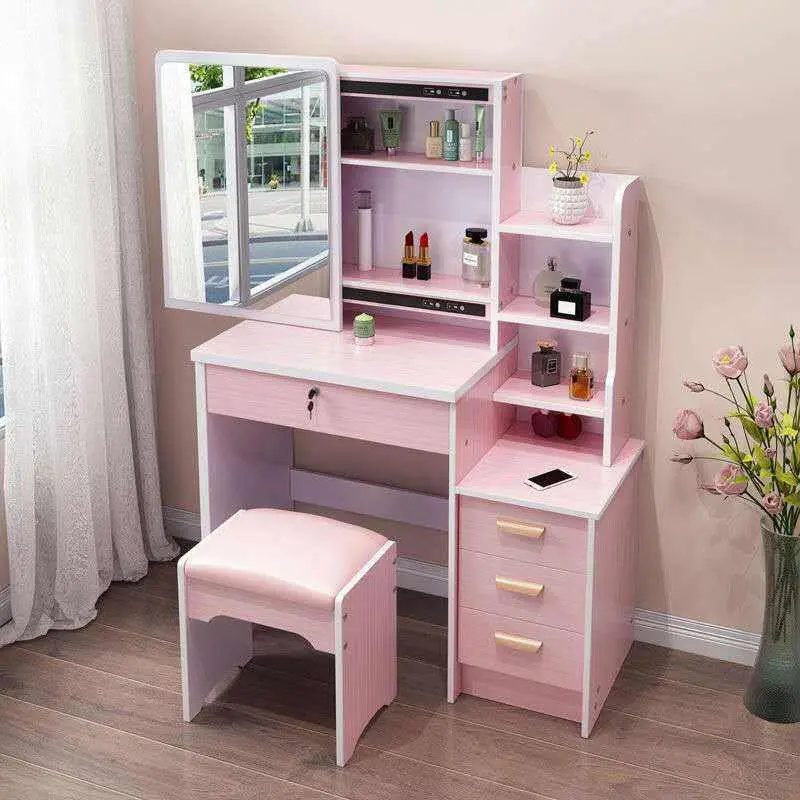 Modern Bedroom Dresser Furniture Set with Lighted Makeup Vanity Table Mirror Stool White Wood Panel Design for Apartment Use — image 3