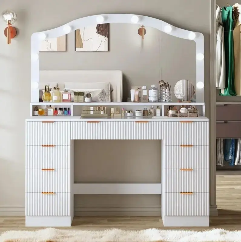 Modern Wooden LED Light Dresser Vanity Table with Mirror Durable Bedroom Furniture Makeup Dressing Table — image 2