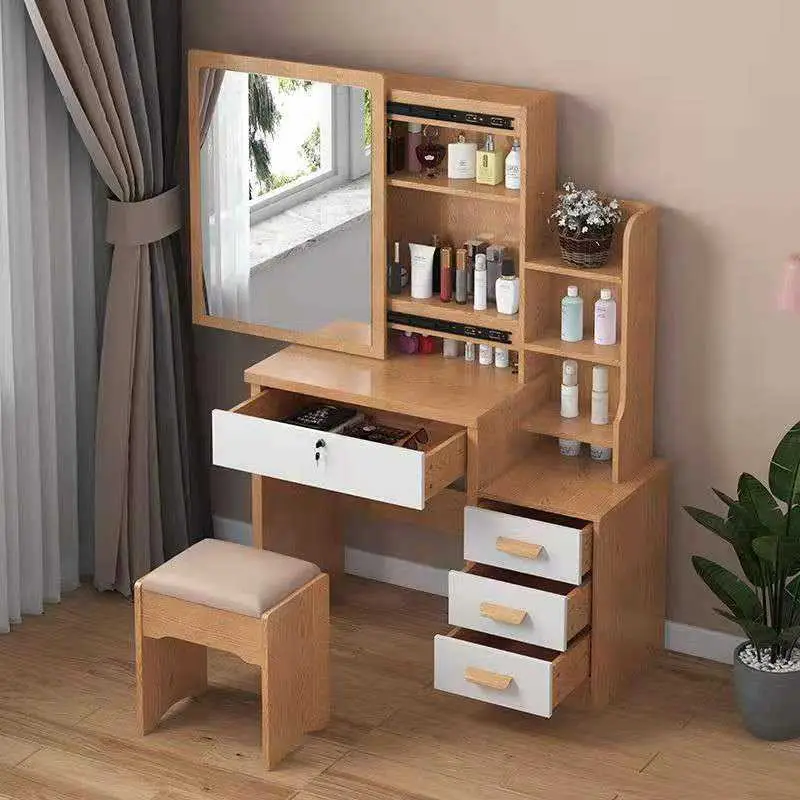 Modern Bedroom Dresser Furniture Set with Lighted Makeup Vanity Table Mirror Stool White Wood Panel Design for Apartment Use — image 4