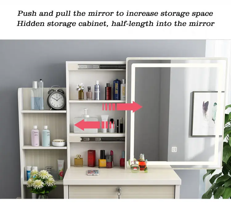 Modern Bedroom Dresser Furniture Set with Lighted Makeup Vanity Table Mirror Stool White Wood Panel Design for Apartment Use — image 5