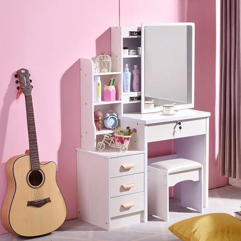 Modern Bedroom Dresser Furniture Set with Lighted Makeup Vanity Table Mirror Stool White Wood Panel Design for Apartment Use — image 6
