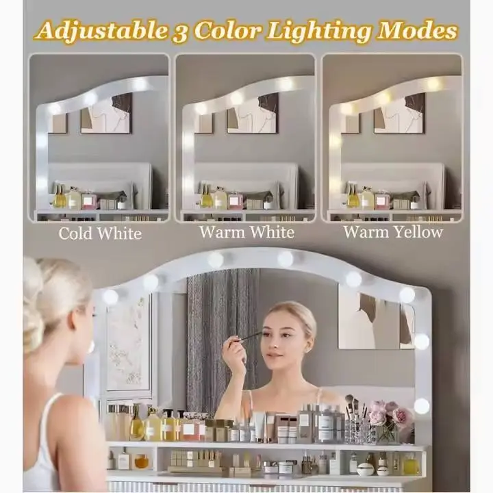 Modern Wooden LED Light Dresser Vanity Table with Mirror Durable Bedroom Furniture Makeup Dressing Table — image 6