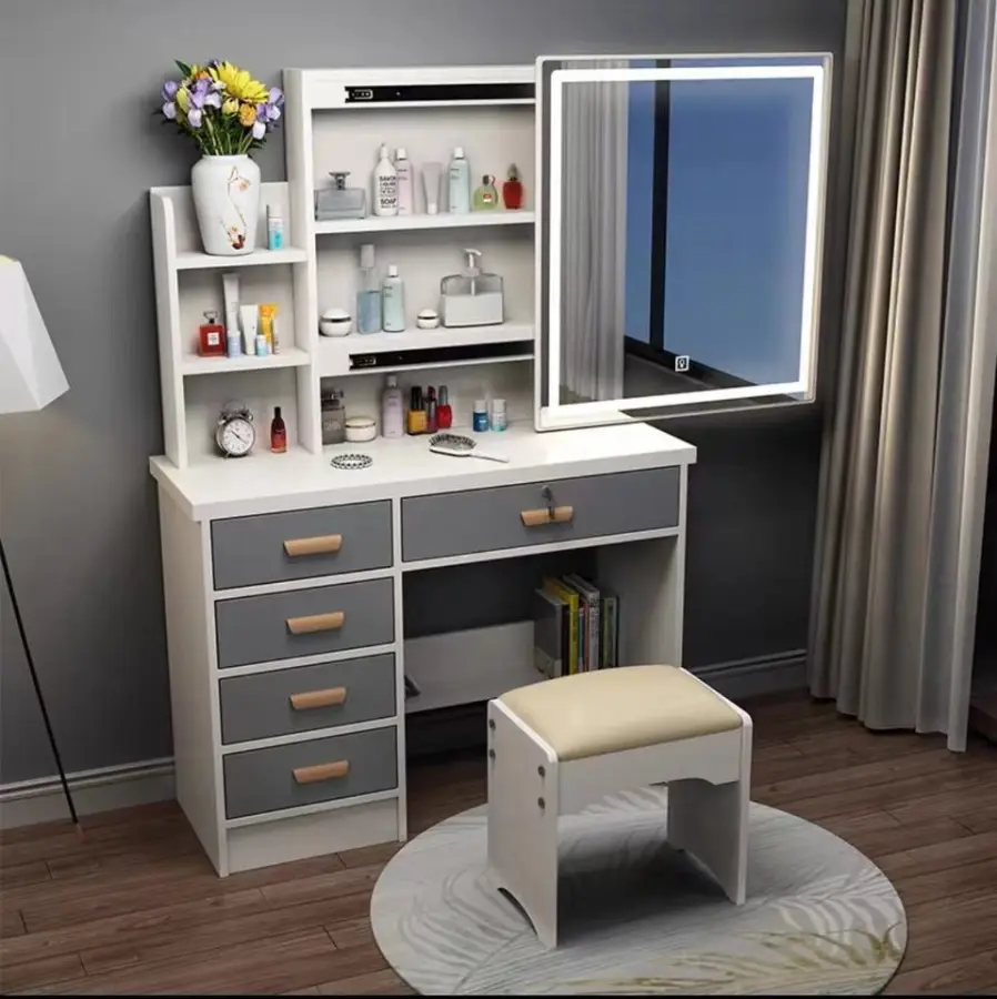 Luxury White Makeup Vanity Dressing Table LED Mirror Hairdresser Extendable Wood Bedroom Furniture for Living Room Apartment — image 2