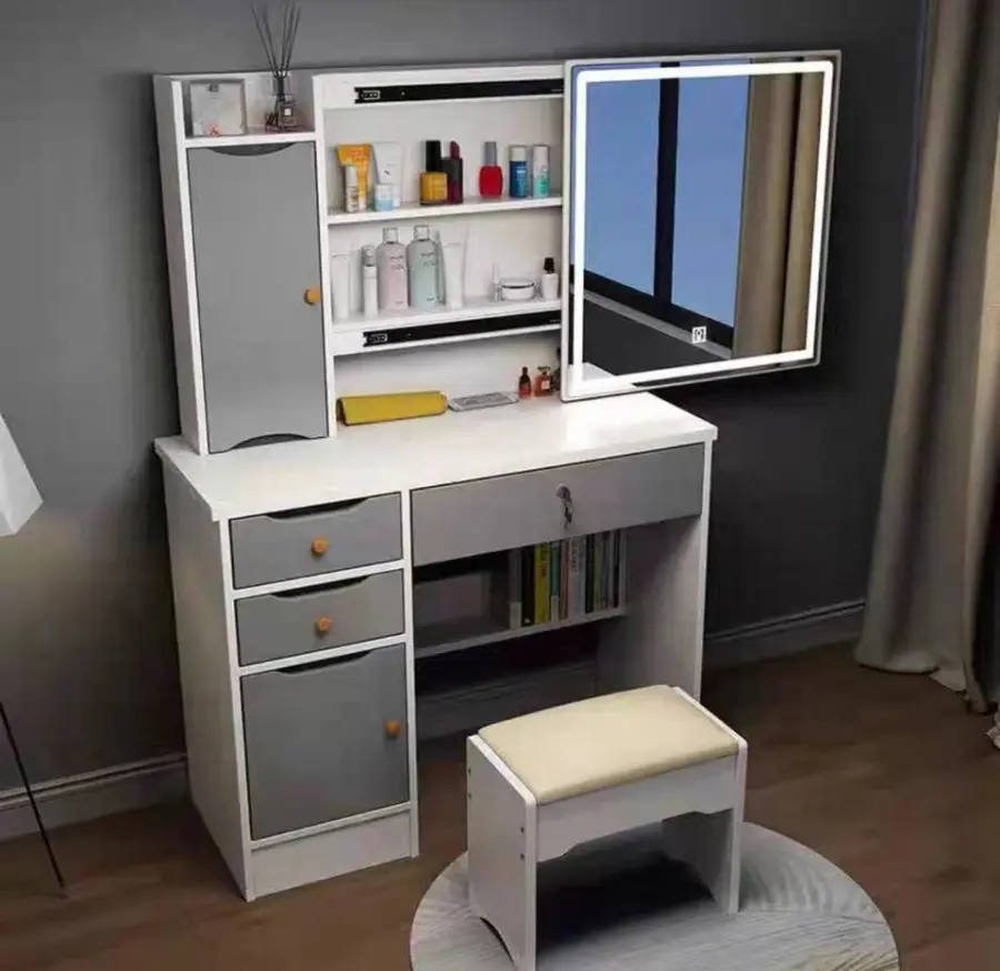 Luxury White Makeup Vanity Dressing Table LED Mirror Hairdresser Extendable Wood Bedroom Furniture for Living Room Apartment — image 4